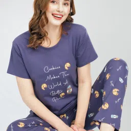 Women Top & Pyjama Set Blue Graphic Print-image-88