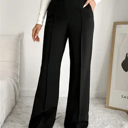 buynewtrend Women Regular Fit Black Polyester Trousers-picture-0