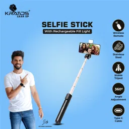 Kratos Selfie Stick with Light, Multi Purpose Selfie Stand, Selfie Stick Bluetooth Remote, Bluetooth Selfie Stick image 2