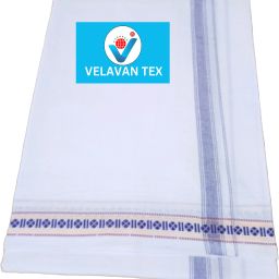 Velavan Tex 2'Meter White Color Cotton Dhoti with Ruthra Design Ink Blue Border Woven Men Dhoti-image-16