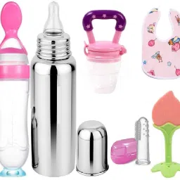 Combo Pack of 6 Spoon Bottle 90ML,Steel Bottle 240ML,Baby Finger Brush,Baby bibs Teether and Feeder-34