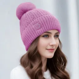 Winter Woolen Warm Beanie (Fur Inside Soft Pompom on top) Winter caps for Women Beanie-15