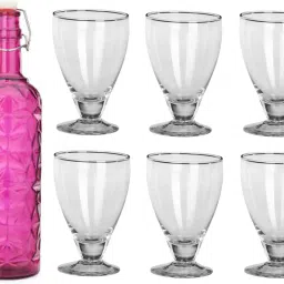 Bottle & 6 Glass Serving Lemon Set, Pink, Clear, Glass - A803 Jug Bottle Glass Set-image-35