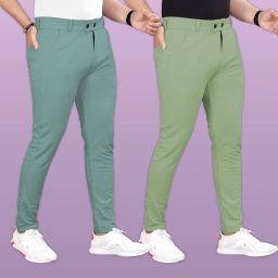 Pack of 2 Men Slim Fit Green, Light Green Lycra Blend Trousers-image-41
