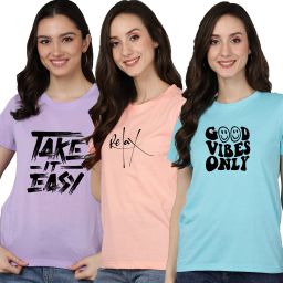 Pack of 3 Women Graphic Print Round Neck Cotton Blend Multicolor T-Shirt-image-72