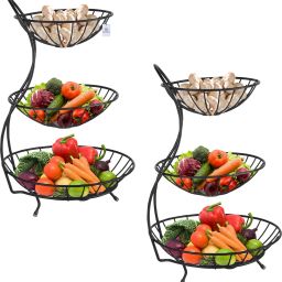 Pack of 2 Metal 3-Layer Pyaj/onion Storage Basket & Circular Side Stand | Black Steel Fruit & Vegetable Basket-7