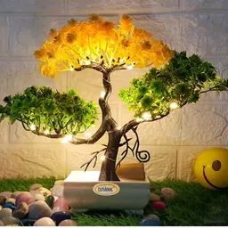 Stylish Green & Yellow LED Artificial Plant with Pot for Office Desk Decoration Bonsai Wild Artificial Plant with Pot-image-58