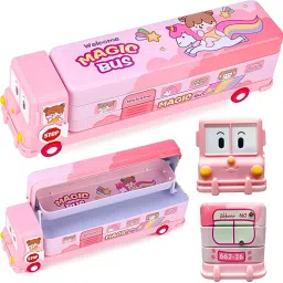 Cartoon Printed School Bus Metal Pencil Box with Moving Tyres and Sharpener Geometry Box-24