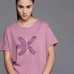 Women Printed Round Neck Cotton Blend Purple T-Shirt-image-1