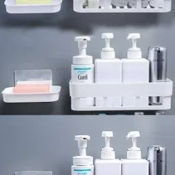 PACK OF 10(5 Bathroom Shelves+ 5 Soap Dish)-Waterproof ABS Plastic Kitchen Bathroom Soap Holder/Bathroom Accessories/Heavy Duty Magic Sticker Single Soap Dishes /Bathroom Hardware/Toothbrush Holder Soap Box/Bathroom Shower Organizer Rack Shelf/Dishwasher Liquid, Brush,Cloth, Soap/Wall Mount No Driling Required Plastic Wall Shelf-White Colour Plastic Wall Shelf-image-61