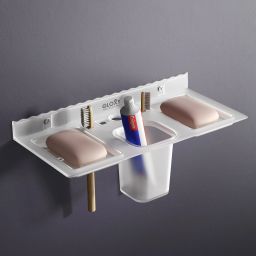 2 in 1 Soap Stand with Toothbrush Rack | Wall Mounted Bathroom Accessory Acrylic Toilet Paper Holder-image-79
