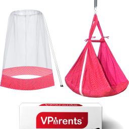 Infant baby Swing cradle with Mosquito net and spring (Red)-27