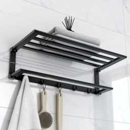 plantex Folding Towel Rack with Towel Rod and Hooks for Bathroom/24 Inch Towel Hanger Black Towel Holder-picture-42