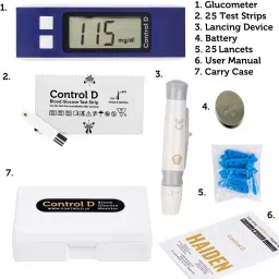 control d Blue Meter Kit with 25 Single Foil Strips Glucometer image 2