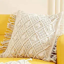 kaahira Off White Cotton Woven 16x16 inches Macrame Handmade Cushion Cover-picture-32