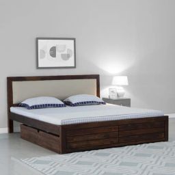 woodsworth from pepperfry Segur Sheesham Wood Queen Size Bed In Provincial Teak Finish With Beige Padded Headboard Drawer Storage-picture-39