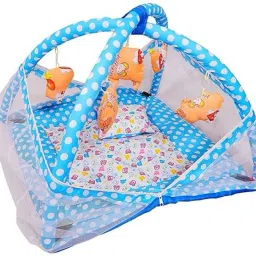 cute little heart Polyester Infants Washable Soft and Comfortable Cotton Baby Bedding Set with Mosquito Net and Play Gym with Hanging Toys for Baby, 0 to 12 Months (Sky Blue Dot) Mosquito Net image 2