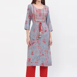 YELLOW CLOUD Women Blue Printed Mirror Work Straight Fit Kurta-image-78