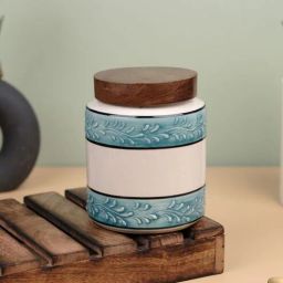 vareesha Aqua White Embossed Ceramic Air Tight Jar with Wooden Lid-picture-36