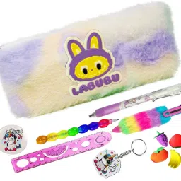 Combo 8Pcs Labubu Doll Kawaii Stationery for Kids Labubu Fluffy Pencil Pouch Pencil Case Set for Pencil/eraser & Keychain Badge for Best Rakhi Gift for Kids Art Canvas Pencil Box-image-47
