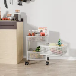2+1 Layer Kitchen Metal Storage Rack with Wheels | Square Shape - Silver Iron Kitchen Trolley-image-77