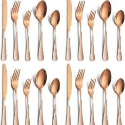 Rosegold Silverware Set | 20-Pcs Flatware With Unique Checks Print Handle Stainless Steel Cutlery Set-image-16
