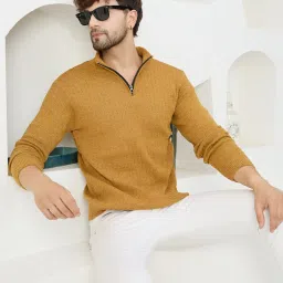 Men Self Design High Neck Yellow Sweater-image-45
