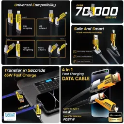 FLASHDART USB Type C Cable 13 A 1 m Braided 4 in 1 65W Fast Charging Cable Compatible for- & Android with MFI Certified (1 Meter) image 3