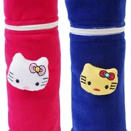 Soft Plush Stretchable Baby Feeding Bottle Cover Easy to Hold Strap and Zip | Suitable for 130 ML-250 ML Feeding Bottle-Dark Pink-Dark Blue-image-6