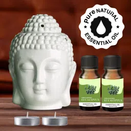 PEEPRESION Home Decor Oil Buddha Ceramic Diffuser & 2 Eucalyptus Pure Natural Essential Oil (10ml Each), Fragrance Your Home, Hotel, Bedroom, Club, Office, Relaxation, Body, Mind,Stress. Diffuser-41
