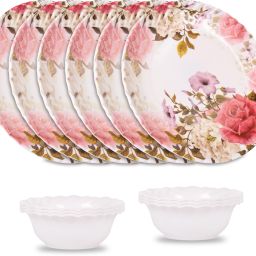 Pack of 12 Melamin Royal Rose Lehar Pink Floral Print 6 Full Plates & 6 Bowl Crockery Set Dinner Set-image-36