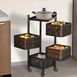 4-Layer Revolving Multipurpose Storage Rack with Wheels | Black Iron Fruit & Vegetable Basket-image-43