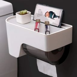 Magic Sticker Series No Drill Dispenser with White Storage Compartment Pack of 1 Glass Toilet Paper Holder-5