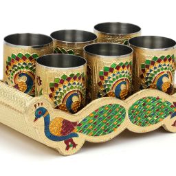 NAVRANG Glass Tray Serving Set , Meenakari Glass, Handicraft Tray, Meenakari Peacock Design Glass Tray with Handle Glass Tray Set, Glass Tray Set-image-39