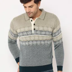 Men Striped Collared Neck Green Sweater-picture-10