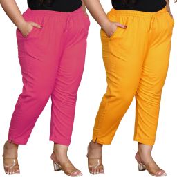 Pack of 2 Women Regular Fit Pink, Yellow Pure Cotton Trousers-image-22