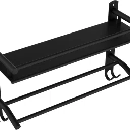 grivan 3 in 1 Multipurpose bathroom shelf/rack, with double towel rod and 2 dual hooks BLACK MATTE Towel Holder image 3