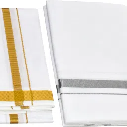 TUNI MANI 2.0meter / Silver Zari border Single Dhoti with Angavastram Towel Solid Men Dhoti-16