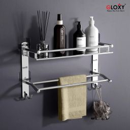 2 Layer Shelf Adhesive Bathroom Shelf with Double Towel and Loofa Holder Stainless Steel Toilet Paper Holder-image-87