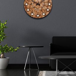 OLIVE TREE Brown & White Printed Wooden Round Shaped Contemporary Wall Clock-46