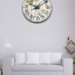 OLIVE TREE Beige & Green Printed Wooden Round Shaped Contemporary Wall Clock-53