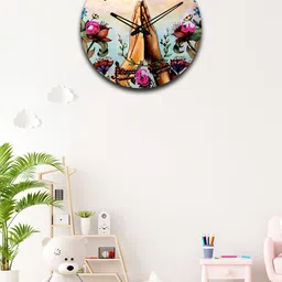 OLIVE TREE Brown & Green Printed Wooden Round Shaped Contemporary Wall Clock-image-73