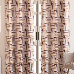 HOMEMONDE White & Brown Set of 2 Geometric Black Out Long Door Curtain-31
