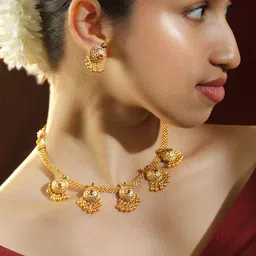 Rubans 18K Gold-Plated Ruby & Emerald Studded Temple Motif Gold Beaded Necklace Set-5