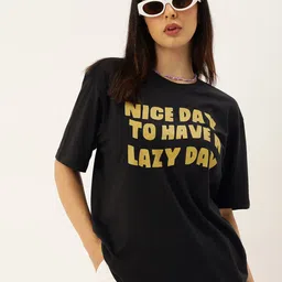 Kook N Keech Women Typography Printed Pure Cotton Oversized T-shirt-image-70