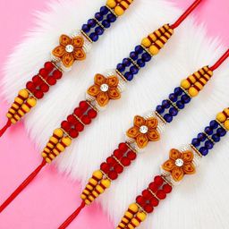 ADIVA Men Pack of 4 Floral Studded Rakhi With Pooja Thali Roli Chawal Gift Set-image-78