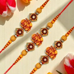 ADIVA 4-Pcs Stone Studded Lord Ganesha Thread Rakhi With Pooja Thali & Roli Chawal Bag-image-22