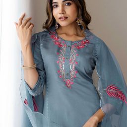 SANISA Floral Embroidered Round Neck Thread Work Straight Kurta With Trousers & Dupatta-image-50