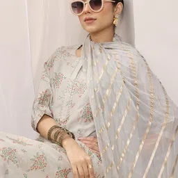 Libas Grey Floral Printed Round Neck Straight Kurta With Trousers & Dupatta-picture-21
