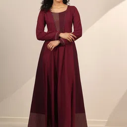 Libas Striped Round Neck Thread Work Anarkali Kurta With Trousers-20